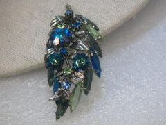 Vintage Silver Tone Leaf Brooch with Blue Margarita Swarovski Crystal Stones  & Marquis Stones, 1960's,