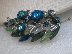 Vintage Silver Tone Leaf Brooch with Blue Margarita Swarovski Crystal Stones  & Marquis Stones, 1960's,
