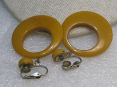 Butterscotch Bakelite Hoop Clip Earrings, 1940's, Stud and Dangle,  2-1/8"
