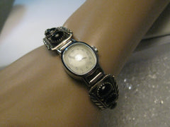 Vintage  Ladies Sterling Silver Onyx Watch Tips signed RB, Robert Becenti with Watch