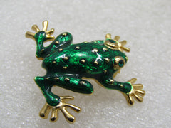 Vintage Enameled  Green Frog Brooch, Rhinestone Eyes. 1.25" tall and 1.5"