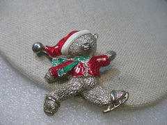 Vintage Silver Tone Enameled Christmas Skating Bear Brooch, signed Gio