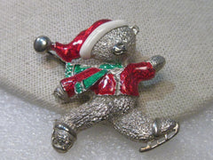 Vintage Silver Tone Enameled Christmas Skating Bear Brooch, signed Gio