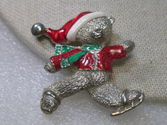 Vintage Silver Tone Enameled Christmas Skating Bear Brooch, signed Gio