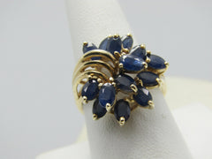 10kt Blue Spinel Cluster Ring, Tiered, Art Deco Design, Size 10, 3.5 TCW+, Yellow Gold, Signed EL