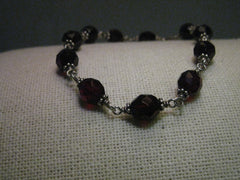 Vintage Silver Deep Red Beaded Bracelet, 8", Gothic to Boho