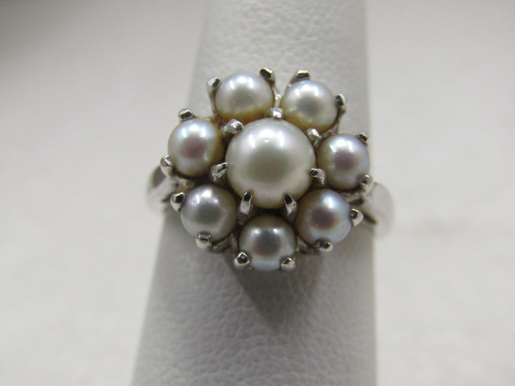 Vintage 10kt Pearl Cluster Halo Ring, Sz. 5.75, 1960's-1970's