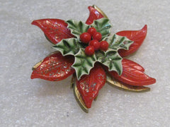 Vintage Poinsettia Christmas Brooch, Layered, 1960's, 2" Spins, Red, Green, Gold