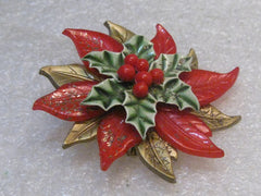 Vintage Poinsettia Christmas Brooch, Layered, 1960's, 2" Spins, Red, Green, Gold
