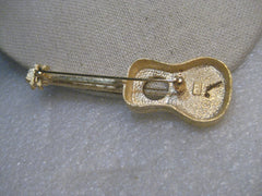 Vintage Guitar Brooch signed JJ, Rare, with string, 3", Gold Tone, Brushed