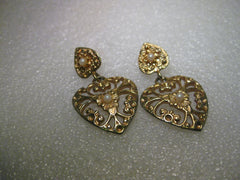 Vintage 1980's Gold Tone Double Heart Pierced Stud & Dangle Earrings, Made in USA, Faux Pearl, 1.75"