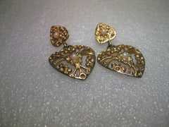 Vintage 1980's Gold Tone Double Heart Pierced Stud & Dangle Earrings, Made in USA, Faux Pearl, 1.75"