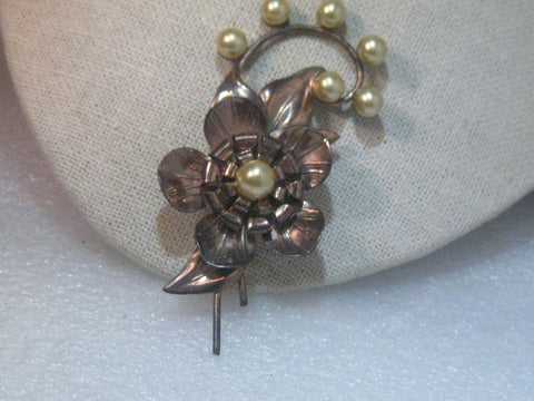 Vintage  Copper of Sterling Floral 1940's Brooch, faux pearls, 3.25