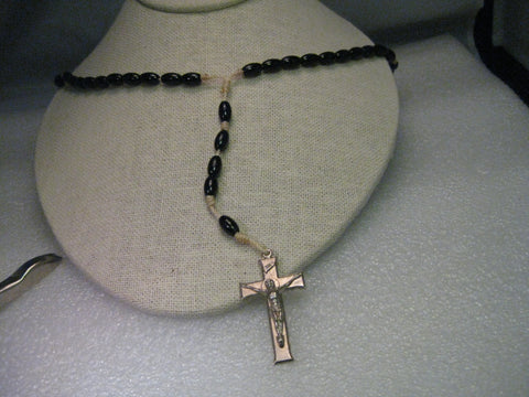 Vintage Rosary, Silvertone Crucifix, black wooden beads on white cord, 16", mid-century