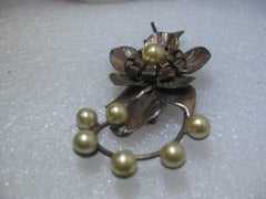 Vintage  Copper of Sterling Floral 1940's Brooch, faux pearls, 3.25