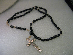 Vintage Rosary, Silvertone Crucifix, black wooden beads on white cord, 16", mid-century