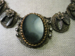Antique Victorian Choker, Possibly Mourning, Filigree Leaf Links, Black Cameo & Marcasite 15"
