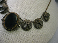 Antique Victorian Choker, Possibly Mourning, Filigree Leaf Links, Black Cameo & Marcasite 15"