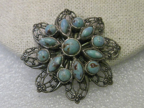 Vintage Art Deco Brooch, Silver tone Filigree Blue Stone Blossom Shaped, 1.75"