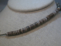 Vintage Brown Heishi Shell & Bird Carved Necklace, Sterling Silver Beads, MOP, 13.5"