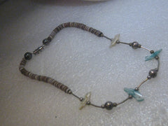 Vintage Brown Heishi Shell & Bird Carved Necklace, Sterling Silver Beads, MOP, 13.5"