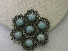 Vintage Brooch, Silver tone Filigree Blue Stone Art Deco Blossom Shaped, 2.25"