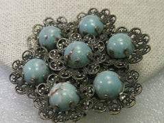 Vintage Brooch, Silver tone Filigree Blue Stone Art Deco Blossom Shaped, 2.25"