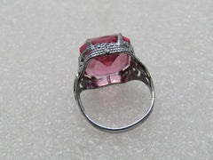 Vintage Pink Art Deco Filigree Ring, Size 4.5, Silver Plated, signed A with Arrow, 1950's-1960's