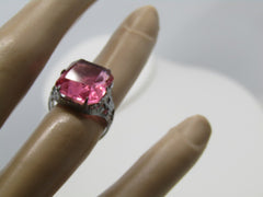 Vintage Pink Art Deco Filigree Ring, Size 4.5, Silver Plated, signed A with Arrow, 1950's-1960's