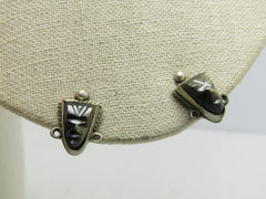 Vintage Sterling Carved Jet Earrings, Tribal Mask, Mexico, Signed N.S., 7.45gr. 1940's