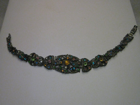 Vintage Early 1900's Art Deco Silvertone Bracelet, Colorful Glass Rhinestones, Ornate Clasp