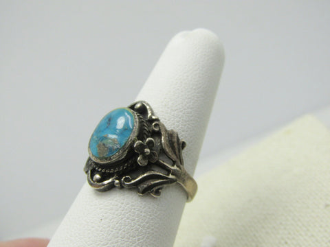 Vintage Sterling Southwestern Turquoise Scrolled Ring, Sz. 7, 4.40 Gr., 1970's