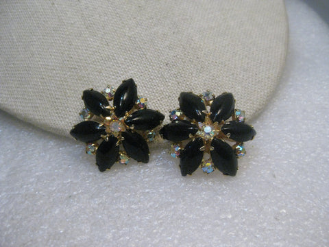 Vintage Black Rhinestone Clip Earrings, Black/Clear, Gold Tone, 1.25", 1960's