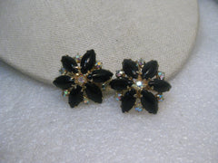Vintage Black Rhinestone Clip Earrings, Black/Clear, Gold Tone, 1.25", 1960's