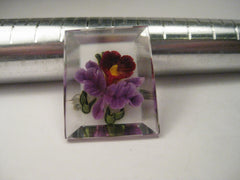 Vintage Lucite Reverse Carved and Painted Orchid Brooch, Reverse Beveled Rectangular Shape