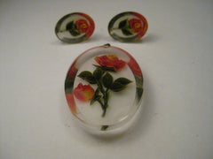Vintage Lucite Reverse Painted Rose Pendant & Matching Screw Back Earrings, Mid-Century