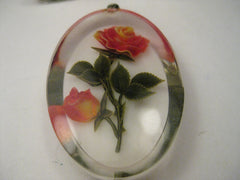 Vintage Lucite Reverse Painted Rose Pendant & Matching Screw Back Earrings, Mid-Century