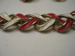 Vintage Red & White Enameled Demi Parure Choker & Clip Earrings, signed Kramer, Adjustable Length