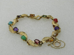 Vintage 14kt Mixed Gemstone Leaf Bracelet,  7", Safety Chain