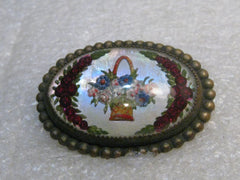 Vintage Essex Glass Floral Brooch, Pastel Basket and Red Roses, C-Clasp, Victorian/Edwardian, 1.5"
