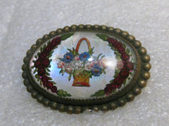 Vintage Essex Glass Floral Brooch, Pastel Basket and Red Roses, C-Clasp, Victorian/Edwardian, 1.5"