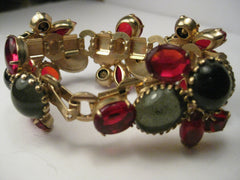 Vintage Gold Tone Art Deco Jelly Bracelet, Wide, Red and Green, Oval, Round, & Marquis, 7"