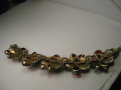 Vintage Gold Tone Art Deco Jelly Bracelet, Wide, Red and Green, Oval, Round, & Marquis, 7"