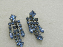 Vintage Blue Rhinestone Stud Dangle Earrings, Screw Back, Silver Tone, 1.75"