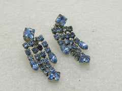 Vintage Blue Rhinestone Stud Dangle Earrings, Screw Back, Silver Tone, 1.75"