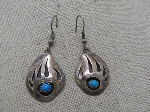 Vintage Sterling Turquoise Bear Claw Earrings, Southwest/Native American, 4.84 gr. 1.75"