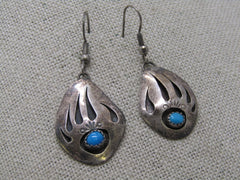 Vintage Sterling Turquoise Bear Claw Earrings, Southwest/Native American, 4.84 gr. 1.75"