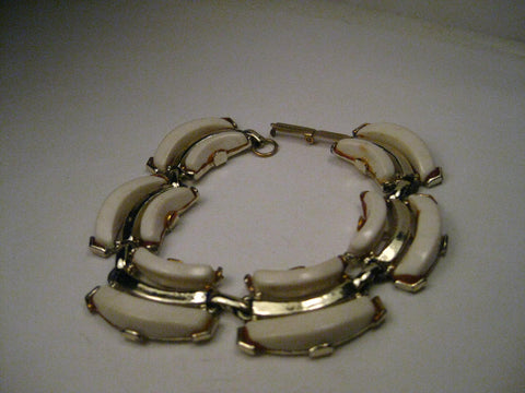 Vintage Gold Tone White Thermoset/Plastic Bracelet, 7.5", Triple Row, 1950-1960's