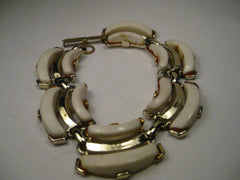 Vintage Gold Tone White Thermoset/Plastic Bracelet, 7.5", Triple Row, 1950-1960's
