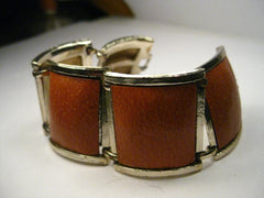 Vintage Gold Tone Wide Burnt Orange Leather Link Bracelet, 1970's, 7" - Boho Appeal Too!